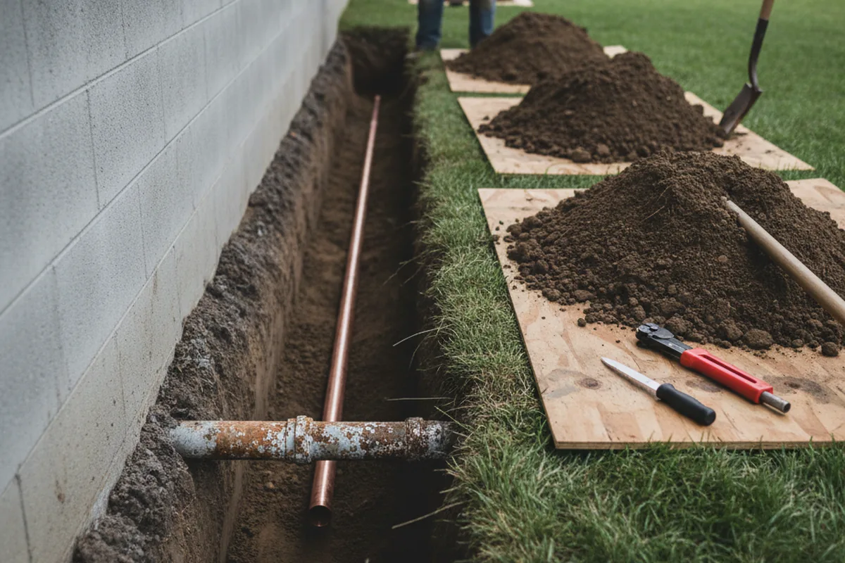 Excavated water line trench during Water Softener Installation in Billingsley